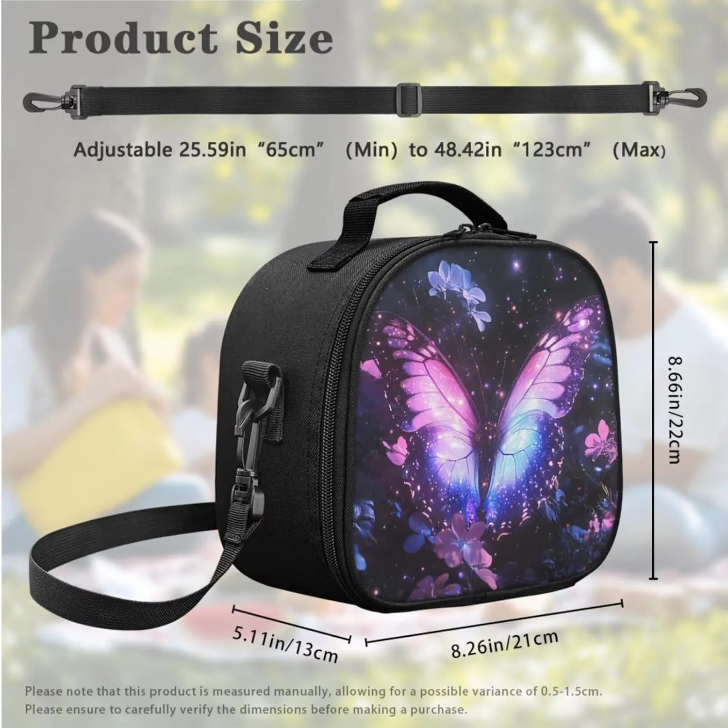 Purpel Butterfly Kids Lunch Bag Small Crossbody Lunch Tote with Adjustable Strap Tableware Box for Straw Spoon Fork Chopsticks 2 Pack Lunch Box Bag for School Travel