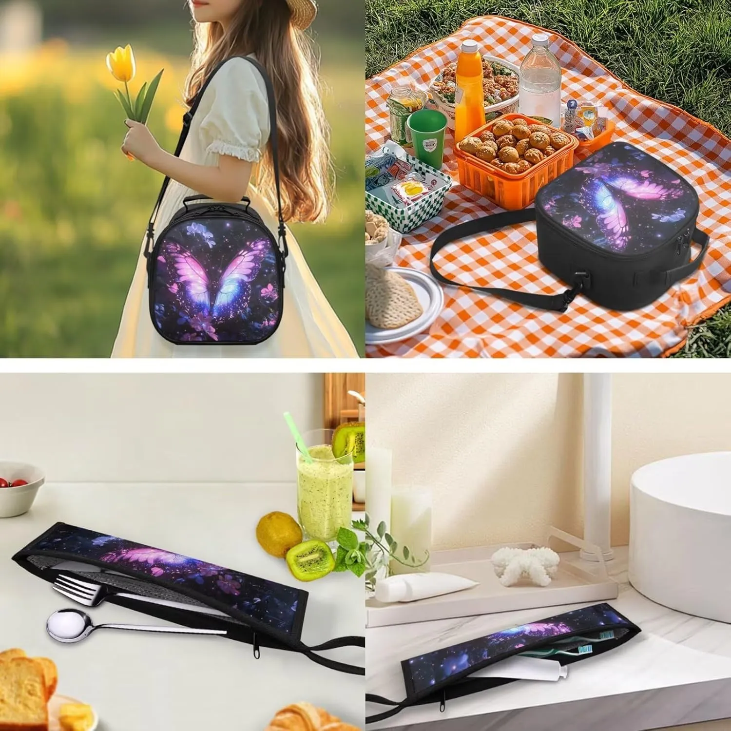 Purpel Butterfly Kids Lunch Bag Small Crossbody Lunch Tote with Adjustable Strap Tableware Box for Straw Spoon Fork Chopsticks 2 Pack Lunch Box Bag for School Travel