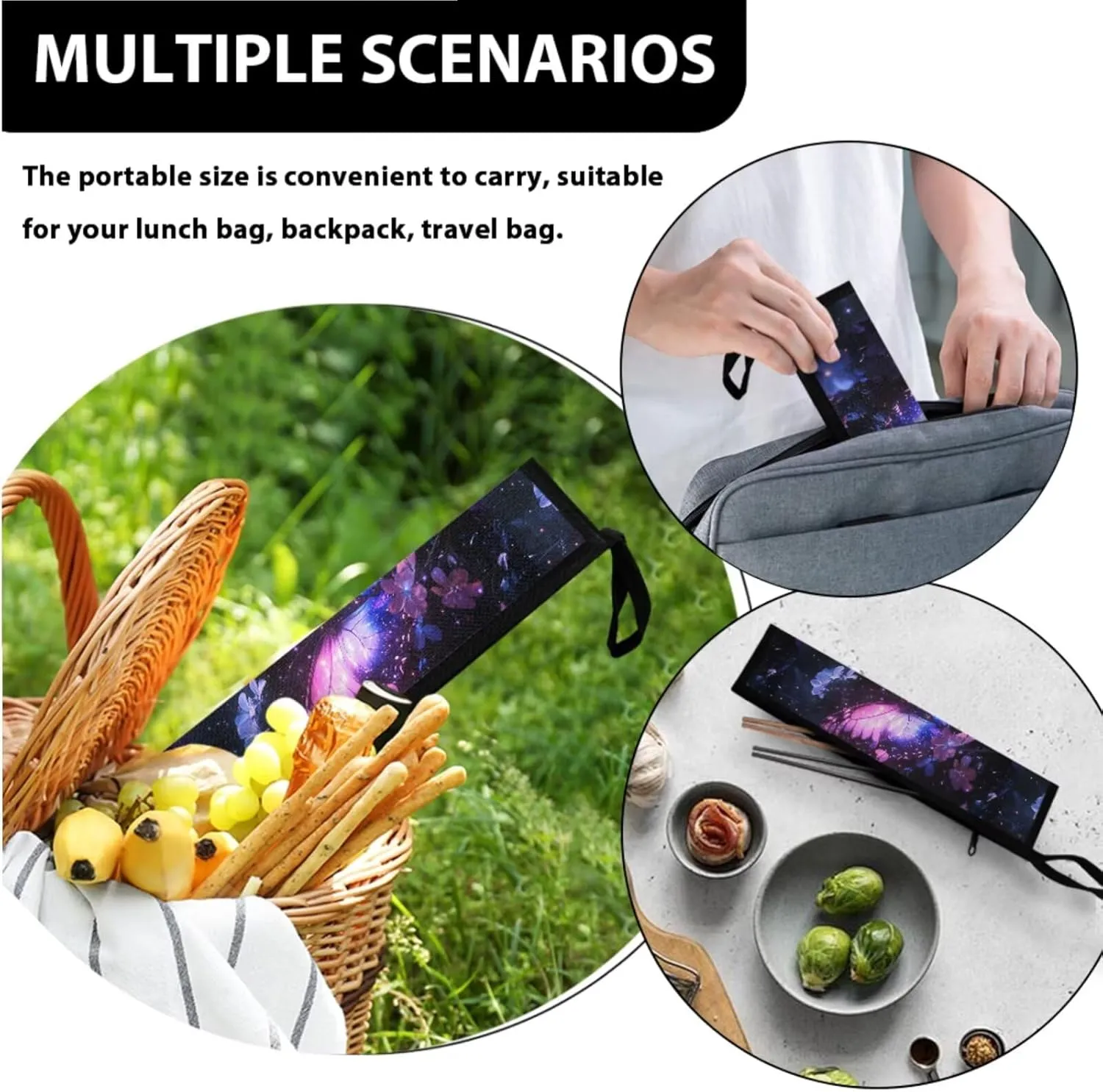 Purpel Butterfly Kids Lunch Bag Small Crossbody Lunch Tote with Adjustable Strap Tableware Box for Straw Spoon Fork Chopsticks 2 Pack Lunch Box Bag for School Travel