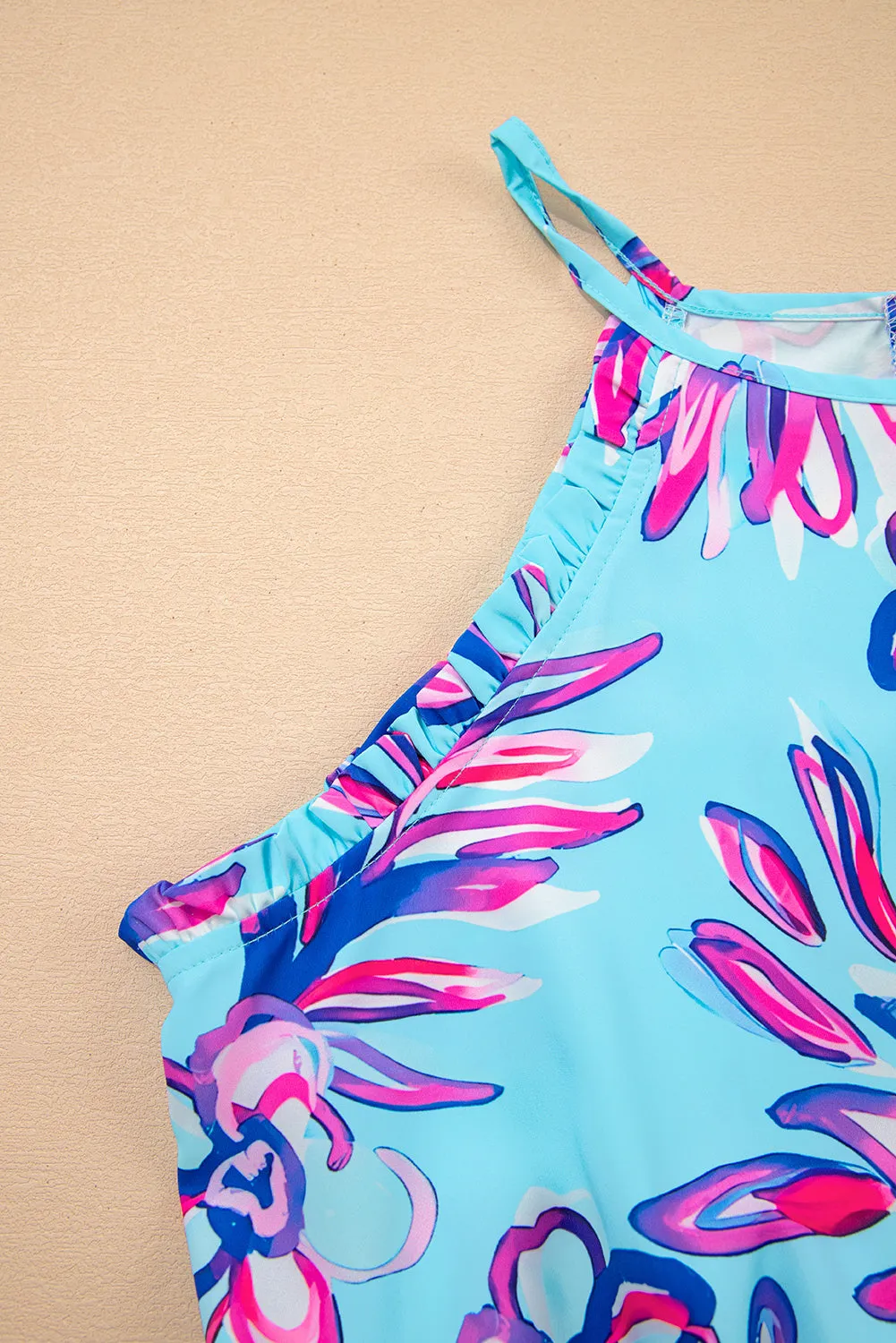 Purple Floral Print Pocketed Frill Sleeveless Romper