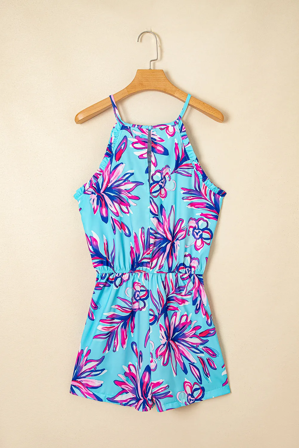 Purple Floral Print Pocketed Frill Sleeveless Romper