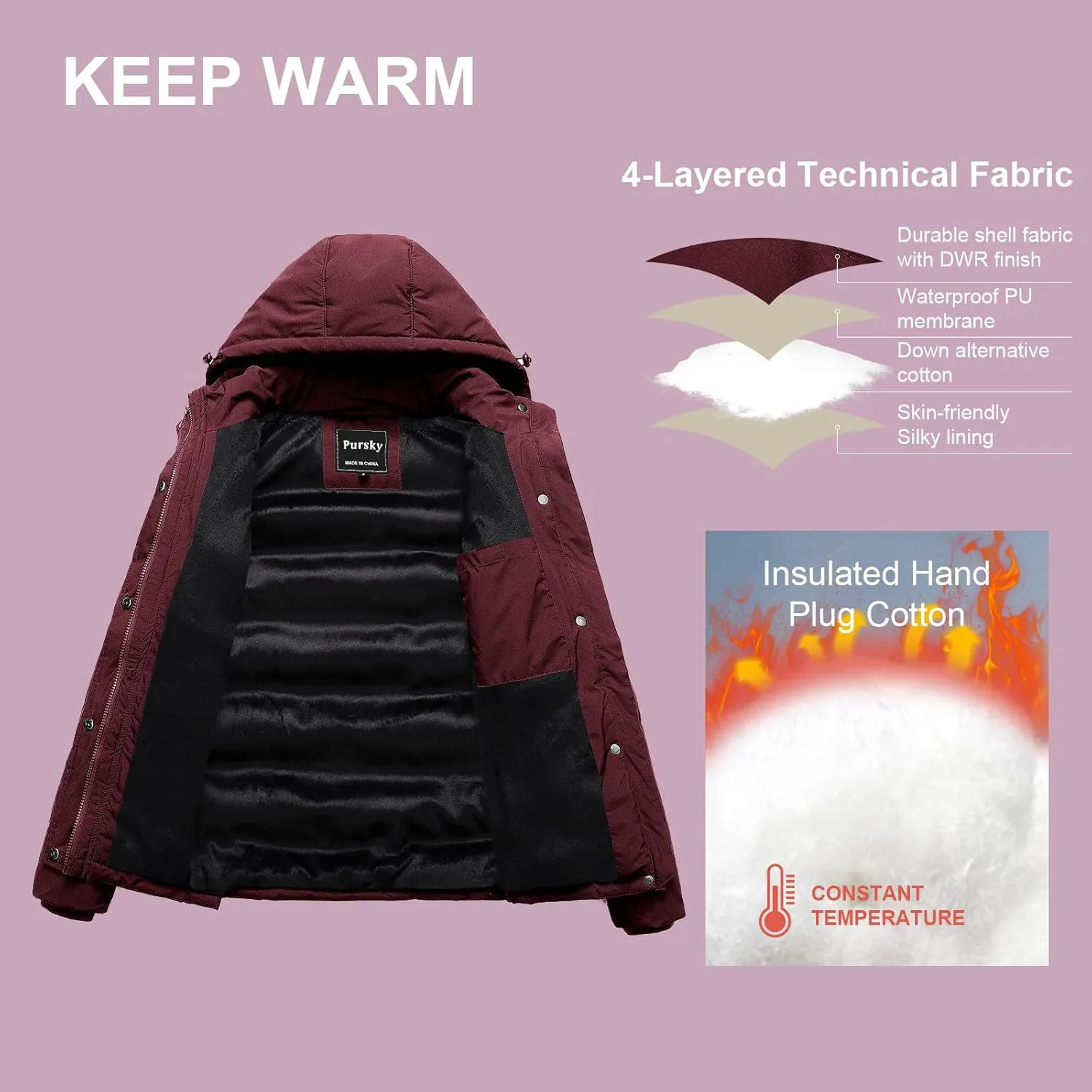 Pursky Women's Warm Winter Thicken Coat Waterproof Cropped Jackets Parka With Removable Hood