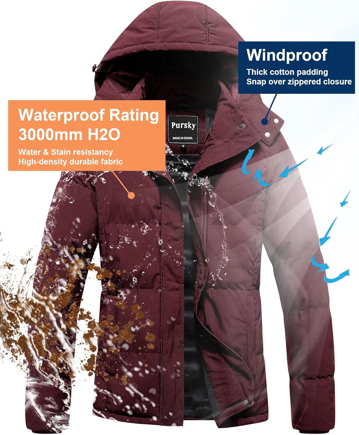 Pursky Women's Warm Winter Thicken Coat Waterproof Cropped Jackets Parka With Removable Hood