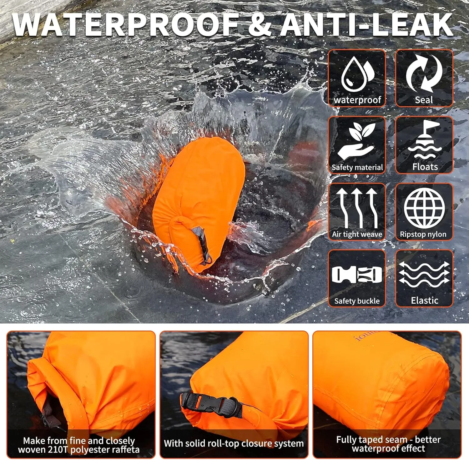 R2Depot Waterproof Dry Bag, 5L/10L/20L/40L/70L Dry Storage Bag for Kayaking, Gym, Hiking, Swimming (Orange, 70L)