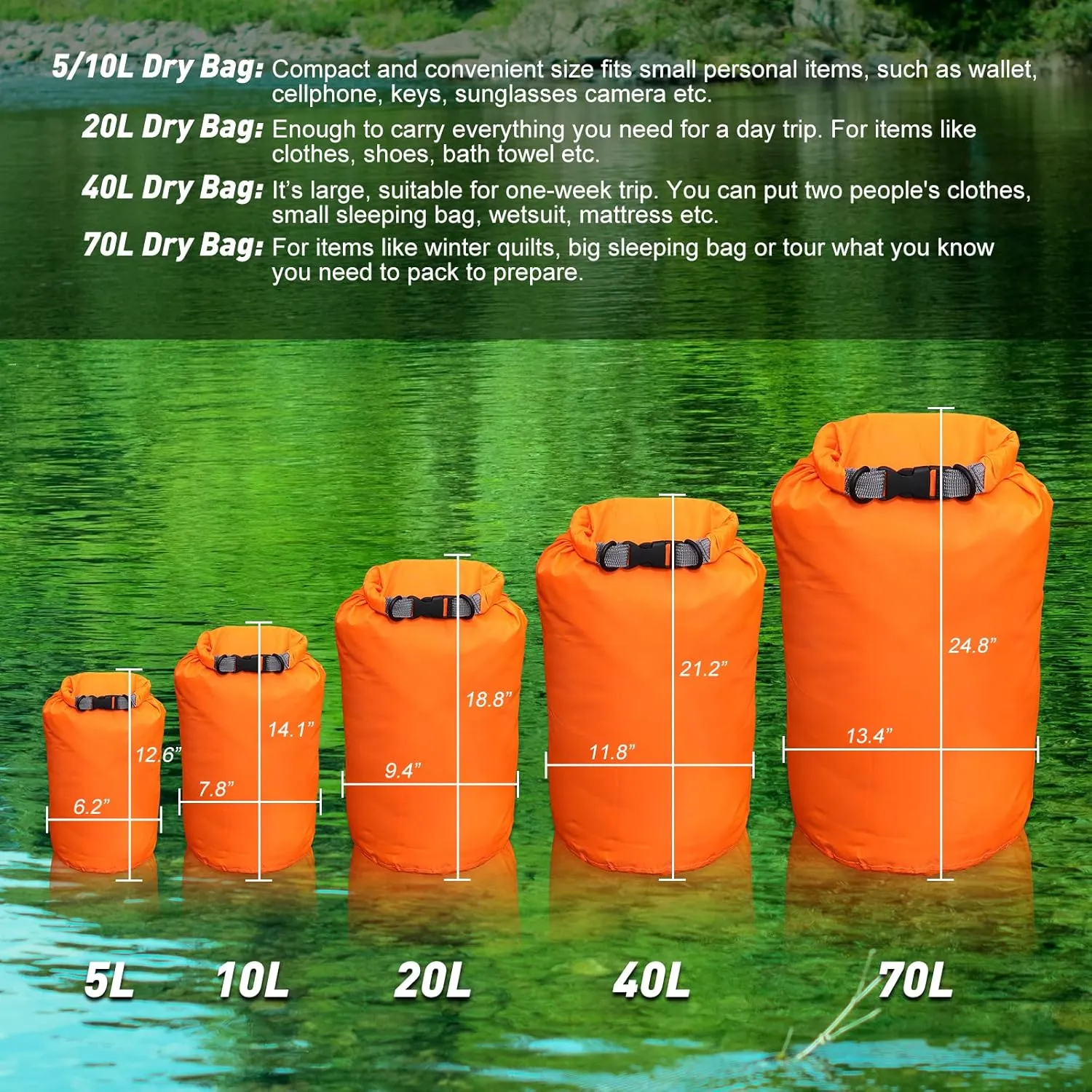 R2Depot Waterproof Dry Bag, 5L/10L/20L/40L/70L Dry Storage Bag for Kayaking, Gym, Hiking, Swimming (Orange, 70L)