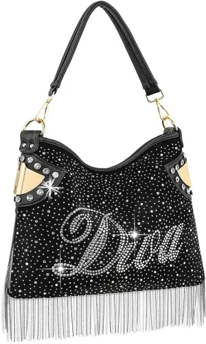 Rhinestone And Beaded Fringe Diva Fab Hobo Handbag (Black 9104-BK)