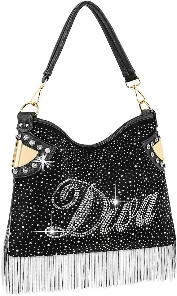 Rhinestone And Beaded Fringe Diva Fab Hobo Handbag (Black 9104-BK)