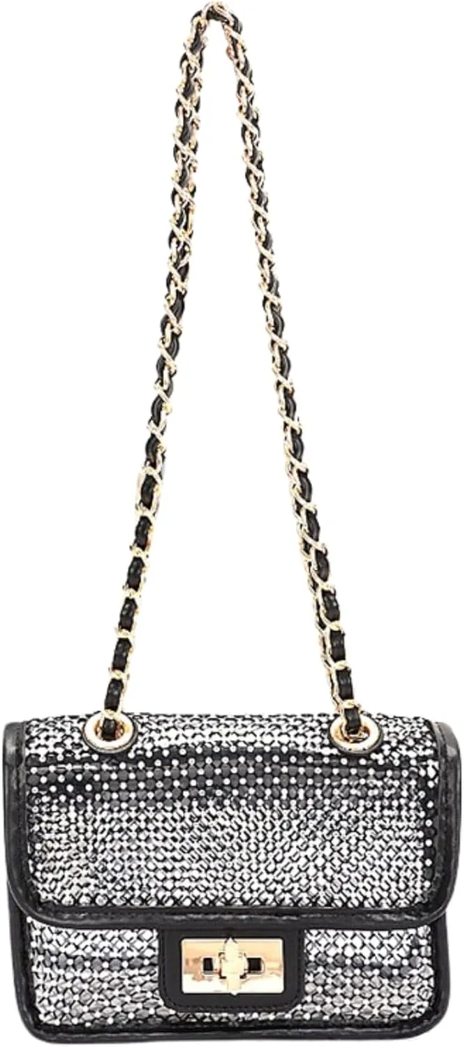 Rhinestone Mesh Turn Lock Shoulder Bag for Women Sparkly Bling Crossbody Clutch Purse Chic Hobo Handbag Party Prom Cocktail