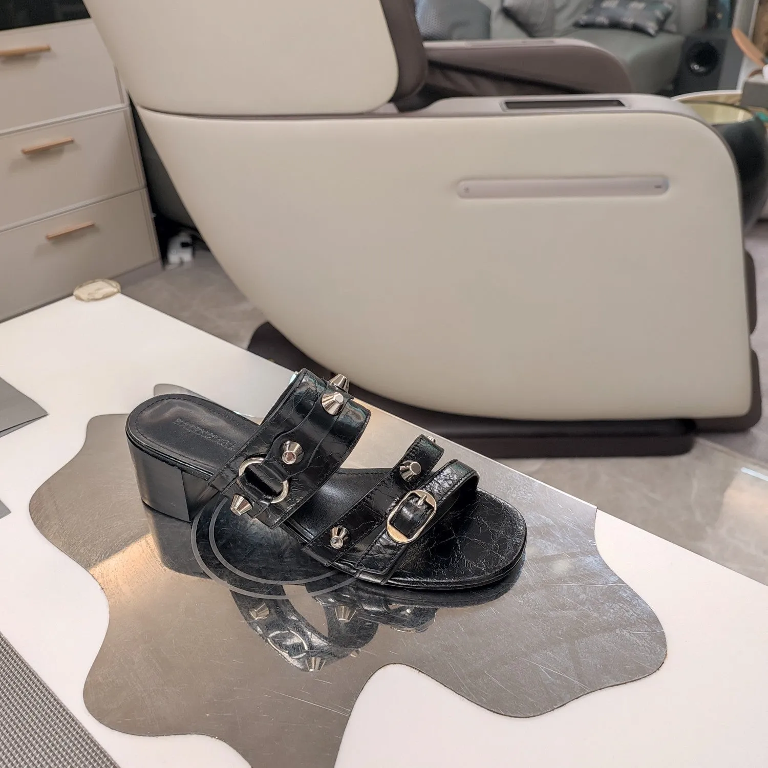 SANDALS HEELED Balanciaga BLACK STRAPPY IN MEDIUM WAX-OIL SHEEPSKIN Masterful craftsmanship All-inclusive selection STUDDED