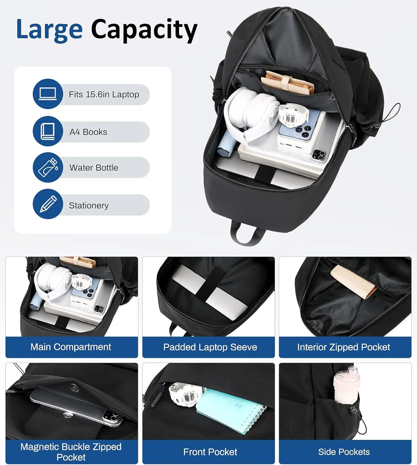 School Backpack for Teens, Lightweight School Bags for Girls Boys Bookbag Casual College Backpack with Furry Doll, Black