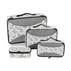 Seamless Brown Turquoise Watercolor Flying Butterflies on White 4 Set Packing Cubes, Travel Packing Organizers, 600D Oxford Cloth Toiletry Storage Bag, Luggage Mesh Bags for Accessories