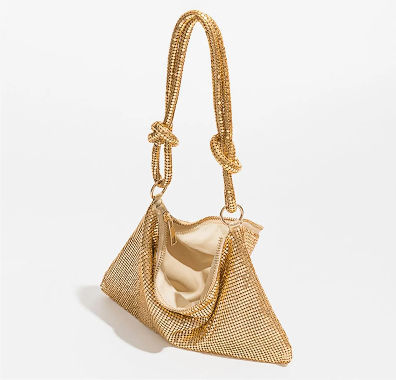 Shimmering Metal Mesh Evening Bag Knotted Shoulder Strap Women Evening Shiny Hobo Metallic Purse
