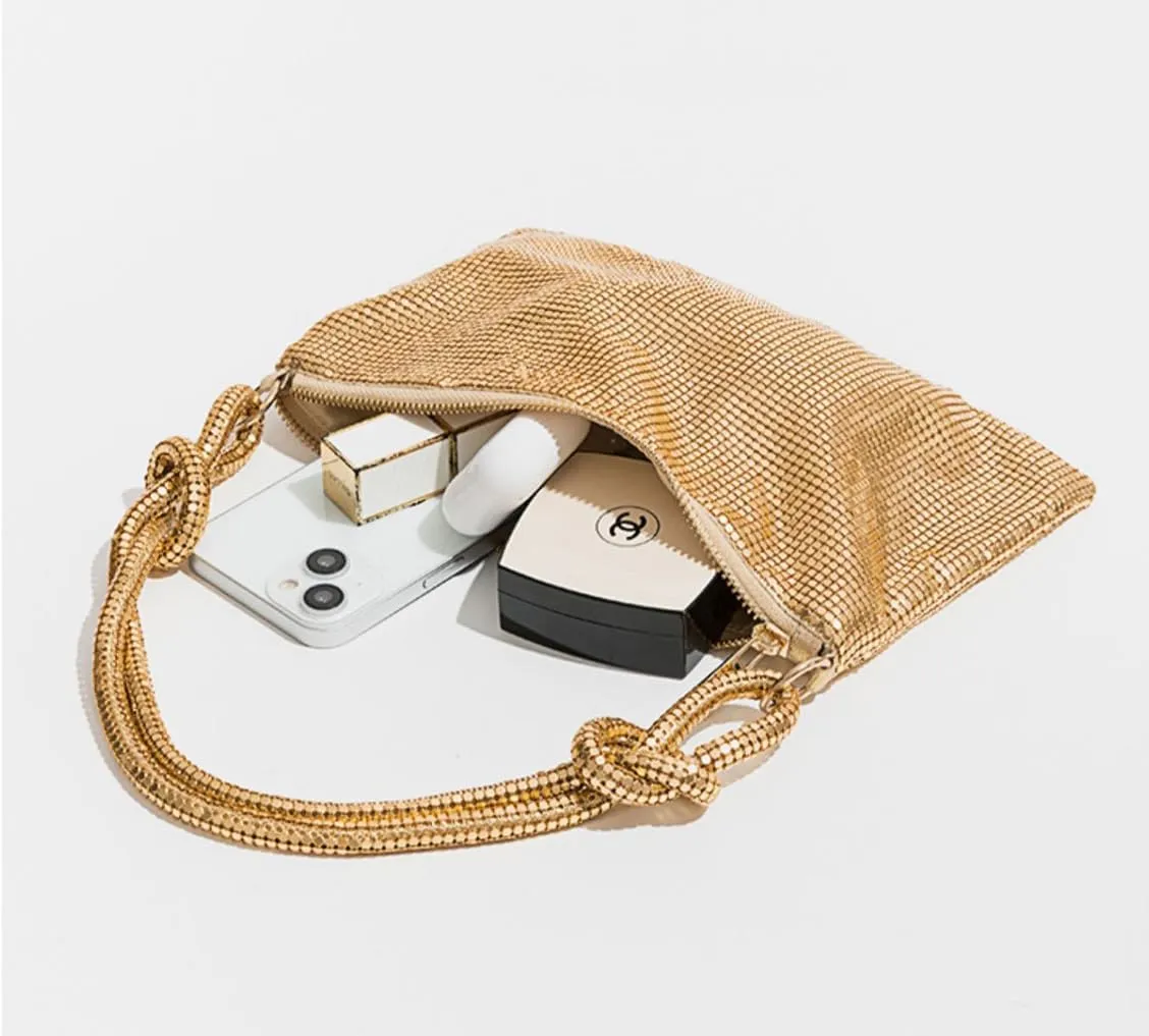 Shimmering Metal Mesh Evening Bag Knotted Shoulder Strap Women Evening Shiny Hobo Metallic Purse