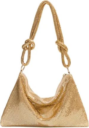 Shimmering Metal Mesh Evening Bag Knotted Shoulder Strap Women Evening Shiny Hobo Metallic Purse