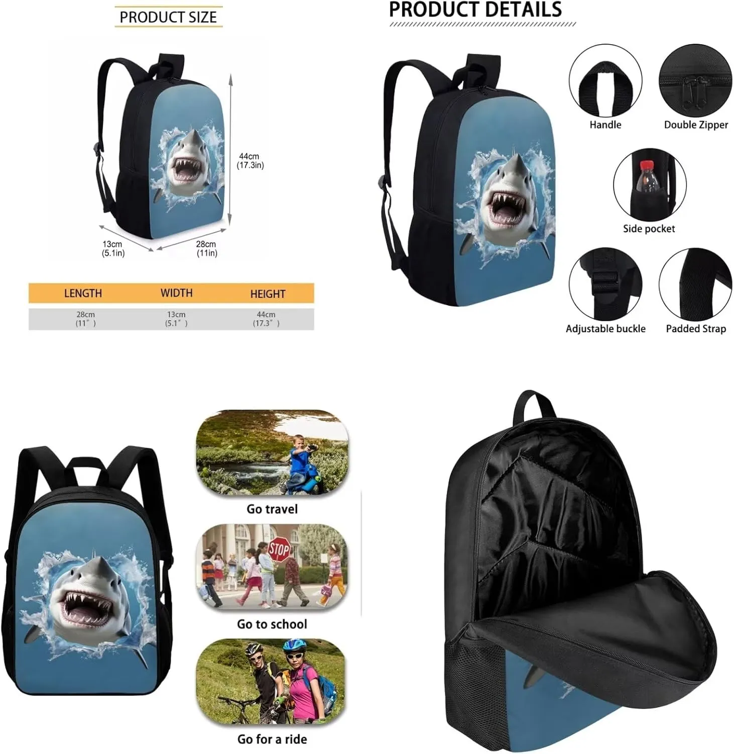 Showudesigns Cool Shark Boys School Bags With Lunch Box Set, Kids Backpack Lunchbag Pencil Case Primary Elementary Kindergarten School Book Bags 17inch Teen School Bag Casual Daypack Blue