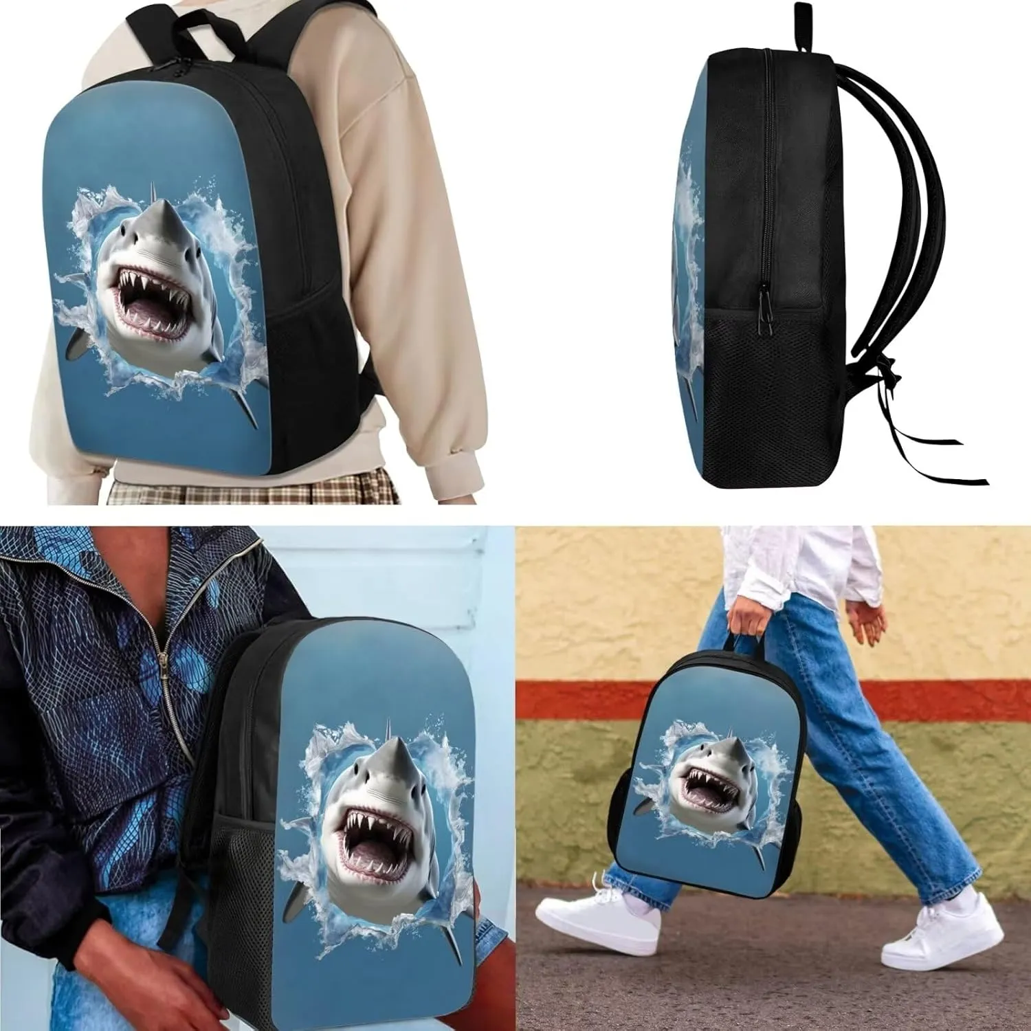 Showudesigns Cool Shark Boys School Bags With Lunch Box Set, Kids Backpack Lunchbag Pencil Case Primary Elementary Kindergarten School Book Bags 17inch Teen School Bag Casual Daypack Blue