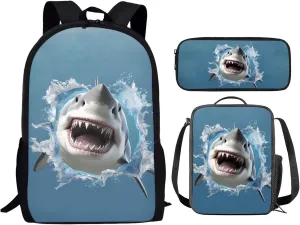 Showudesigns Cool Shark Boys School Bags With Lunch Box Set, Kids Backpack Lunchbag Pencil Case Primary Elementary Kindergarten School Book Bags 17inch Teen School Bag Casual Daypack Blue