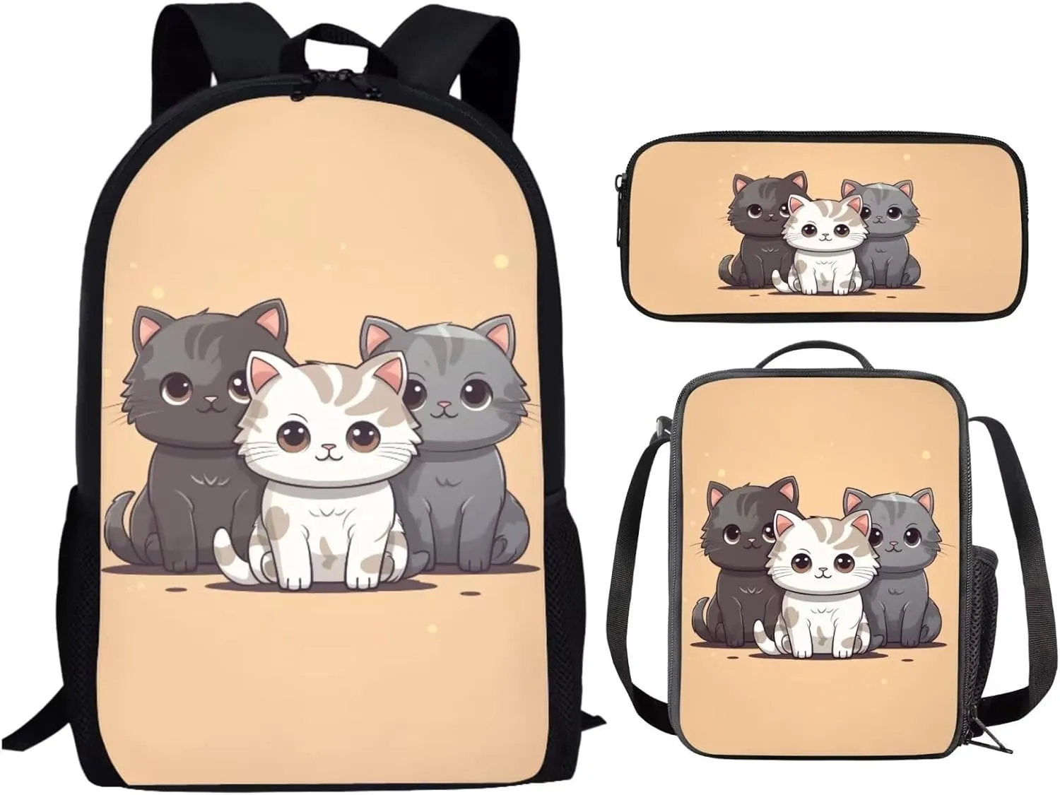 Showudesigns Cute Cat School Bag With Lunch Bag for Girls 7-10/10-12 Kids Backpack Boys Primary Elementary School Bookbag Lunchbox Pencil Pen Case Middle School Students Book Bags 17inch Schoolbags