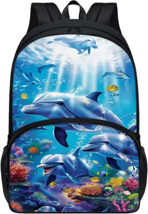 Showudesigns Dolphin School Backpack for Girls 10-12 12-14 Teen Bookbag Middle School Bag With Padded Straps Primary High School Students Book Bags 6th Grade 17inch Casual Daypack Rucksack