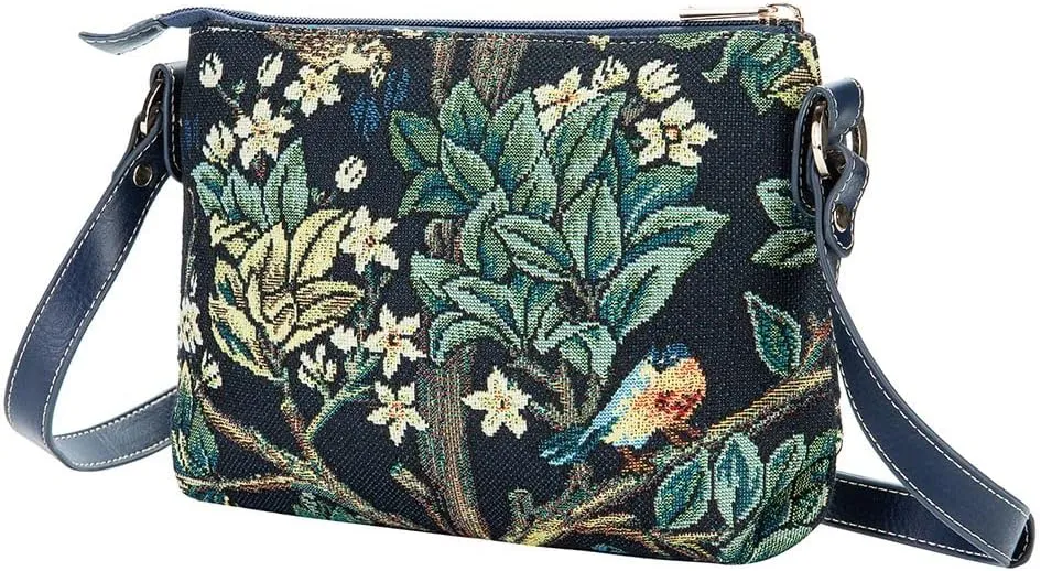 Signare Tapestry Tote Bag, Crossbody Bag and Cosmetic Makeup Bag for Women with William Morris Tree of Life in Blue backdrop