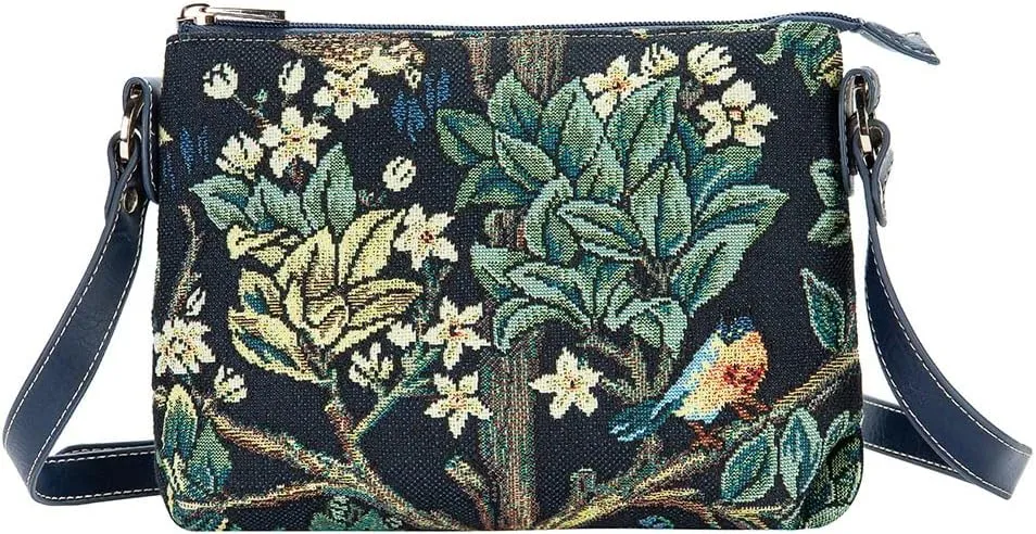 Signare Tapestry Tote Bag, Crossbody Bag and Cosmetic Makeup Bag for Women with William Morris Tree of Life in Blue backdrop