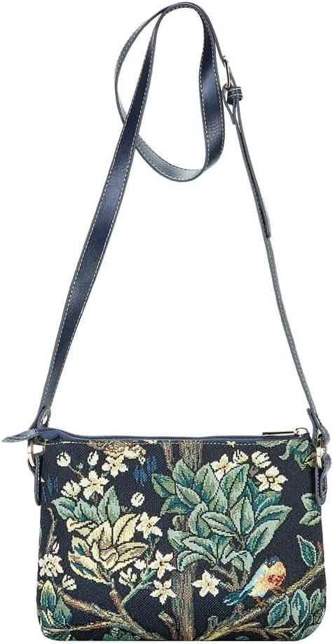 Signare Tapestry Tote Bag, Crossbody Bag and Cosmetic Makeup Bag for Women with William Morris Tree of Life in Blue backdrop