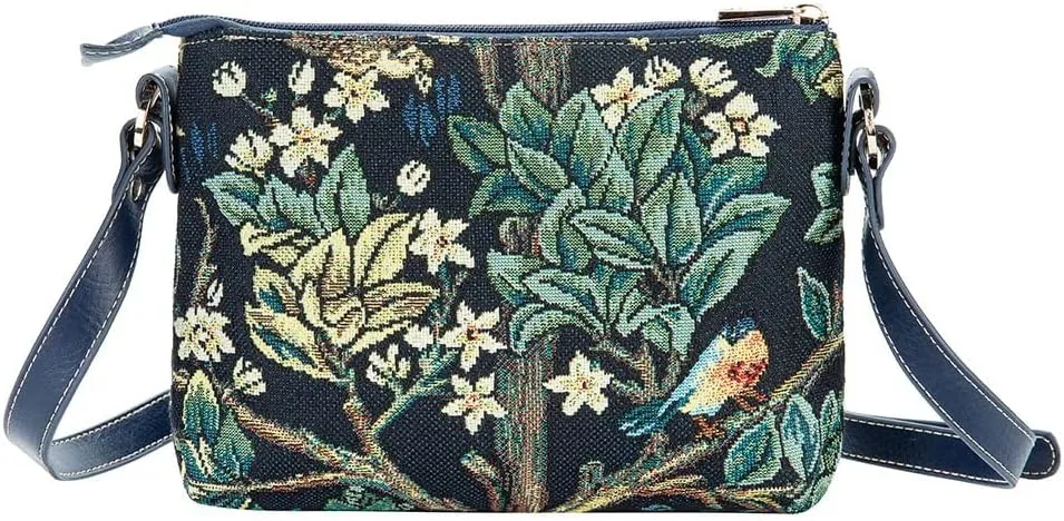 Signare Tapestry Tote Bag, Crossbody Bag and Cosmetic Makeup Bag for Women with William Morris Tree of Life in Blue backdrop