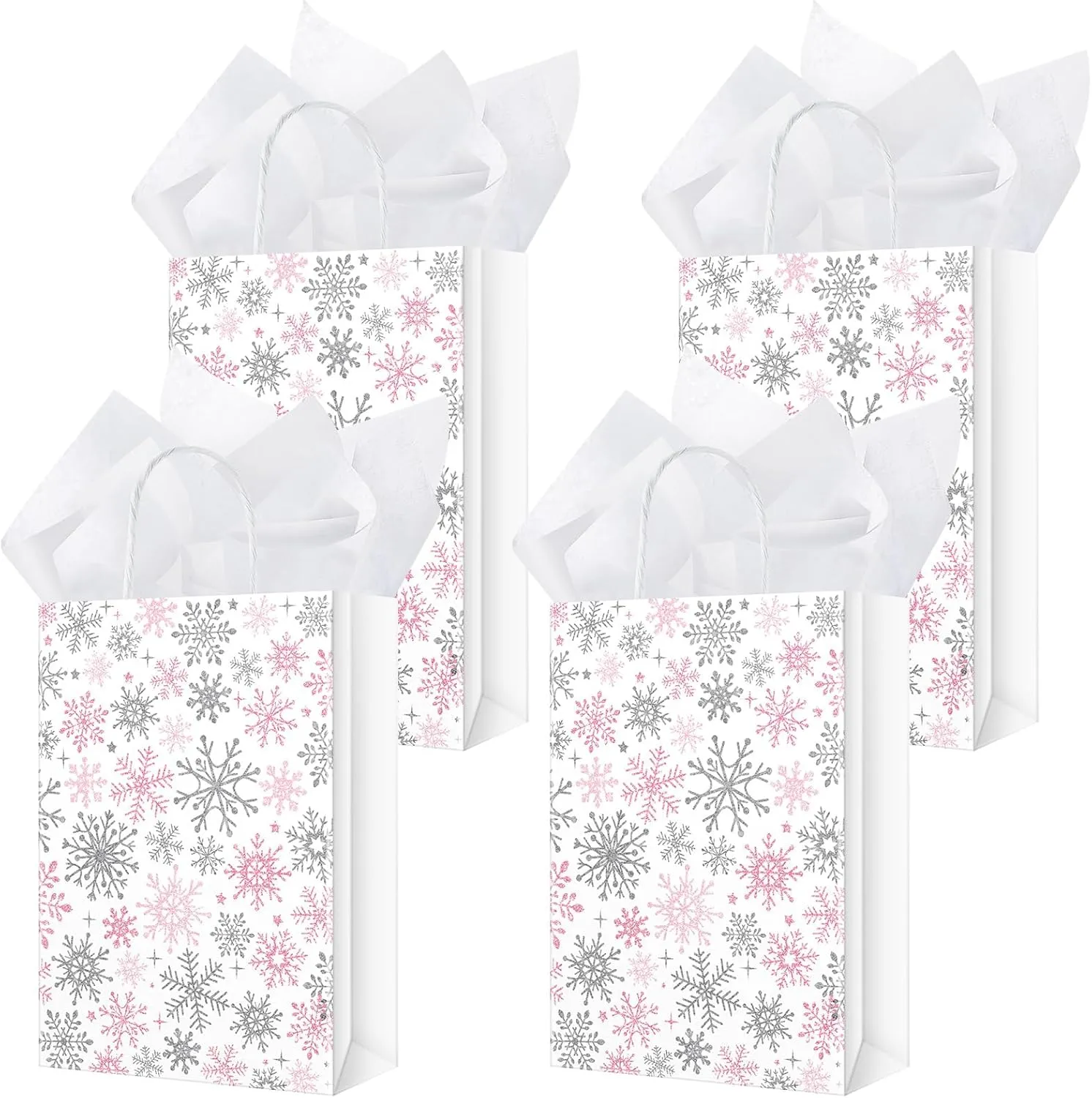 Silkfly 50 Pcs Small Frozen Party Favor Gift Bags Bulk Snowflake Metallic Kraft Candy Treat Goodie Bags with Handle 50 Pcs Tissue Paper for Xmas Winter Holiday Birthday Party Supplies(Pink)