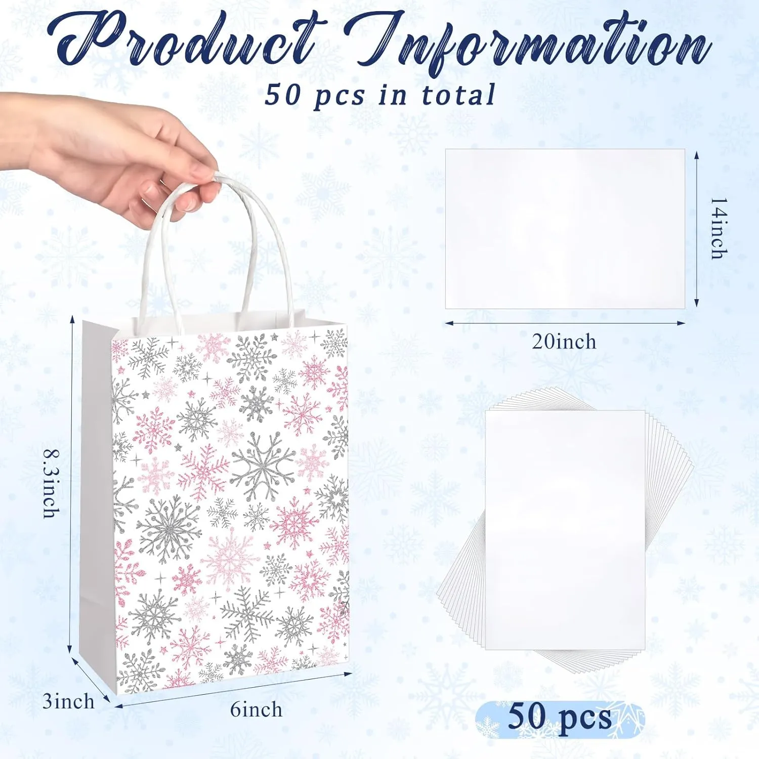 Silkfly 50 Pcs Small Frozen Party Favor Gift Bags Bulk Snowflake Metallic Kraft Candy Treat Goodie Bags with Handle 50 Pcs Tissue Paper for Xmas Winter Holiday Birthday Party Supplies(Pink)