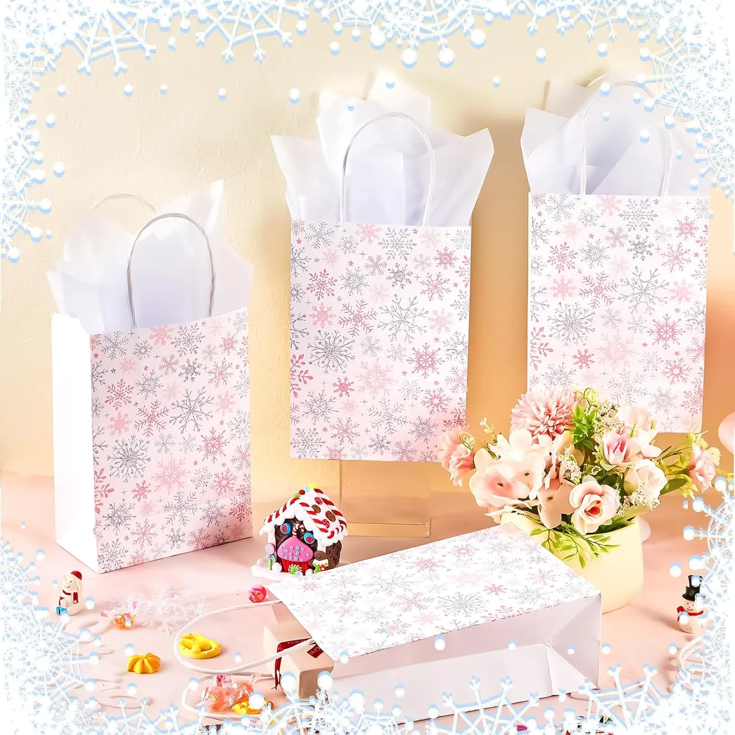 Silkfly 50 Pcs Small Frozen Party Favor Gift Bags Bulk Snowflake Metallic Kraft Candy Treat Goodie Bags with Handle 50 Pcs Tissue Paper for Xmas Winter Holiday Birthday Party Supplies(Pink)