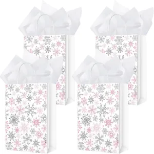 Silkfly 50 Pcs Small Frozen Party Favor Gift Bags Bulk Snowflake Metallic Kraft Candy Treat Goodie Bags with Handle 50 Pcs Tissue Paper for Xmas Winter Holiday Birthday Party Supplies(Pink)
