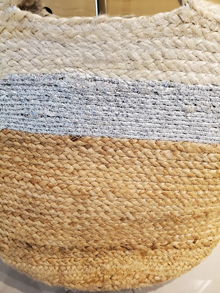 Silver stripe , 3 color jute tote, 2 per pack