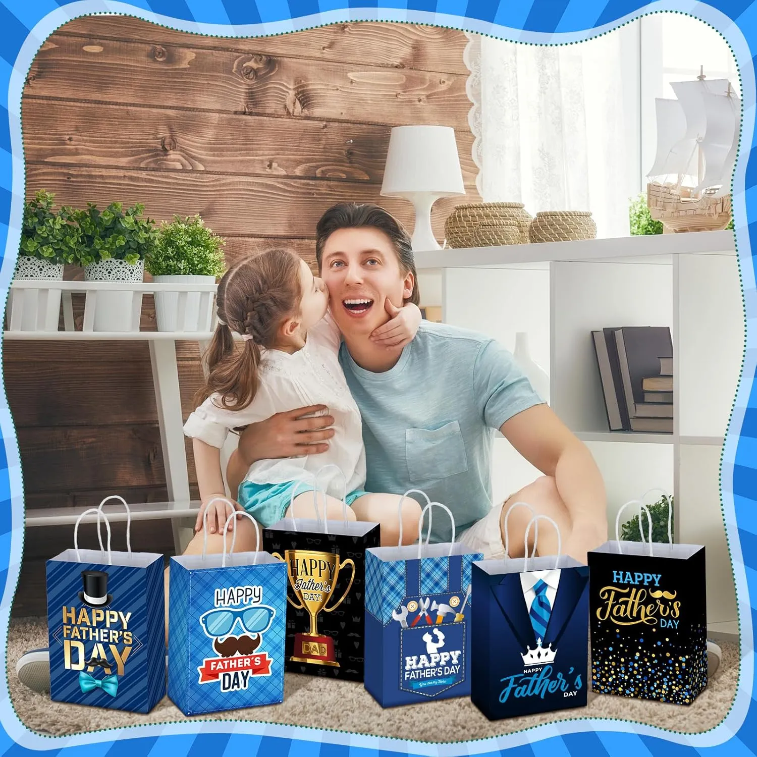 Sinload 24 Pcs Fathers Day Party Gift Bags Happy Father's Day Paper Bags with Handles Dad Treat Goodie Present Boxes Blue Black Party Supplies for Dads Men Anniversary Birthday Decor