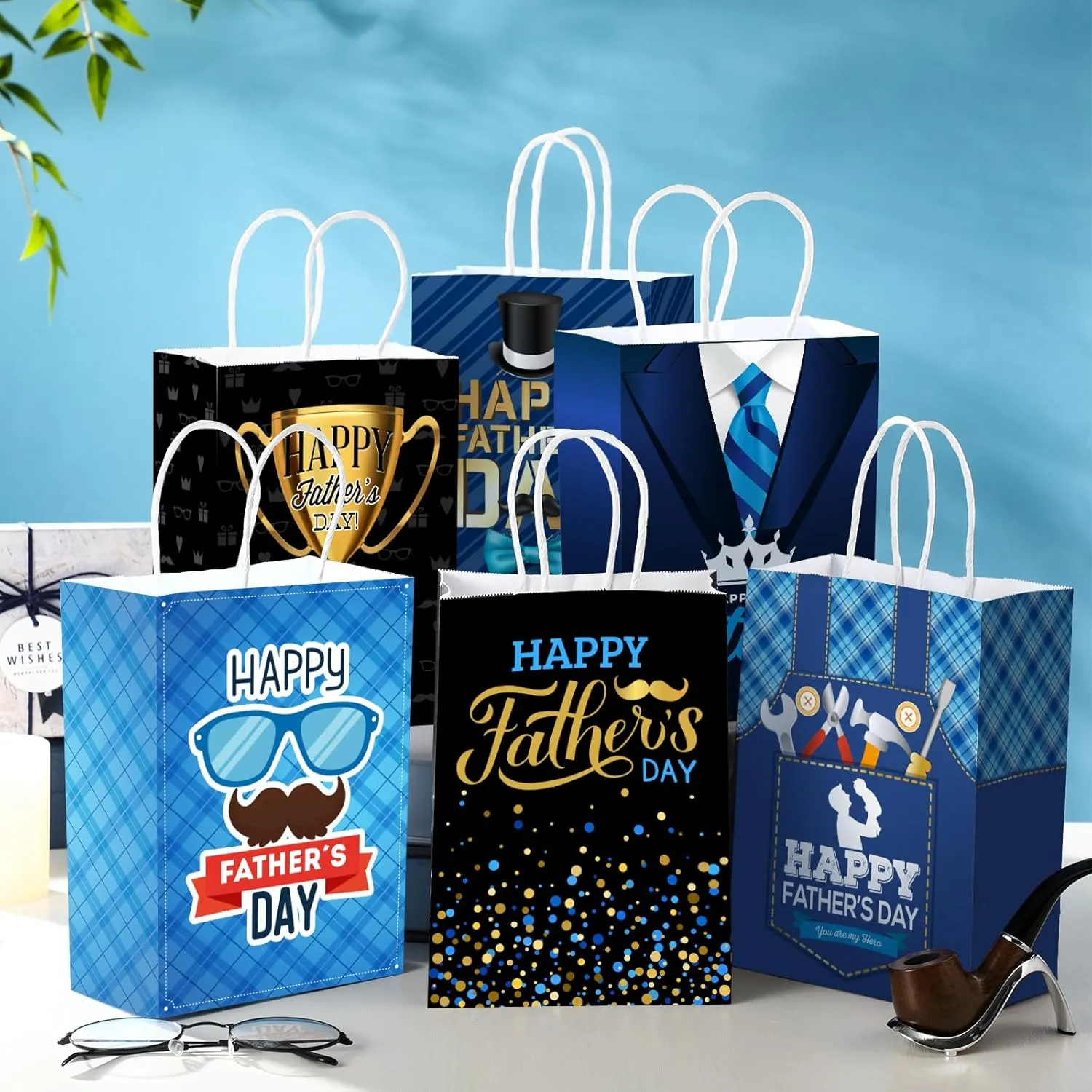 Sinload 24 Pcs Fathers Day Party Gift Bags Happy Father's Day Paper Bags with Handles Dad Treat Goodie Present Boxes Blue Black Party Supplies for Dads Men Anniversary Birthday Decor