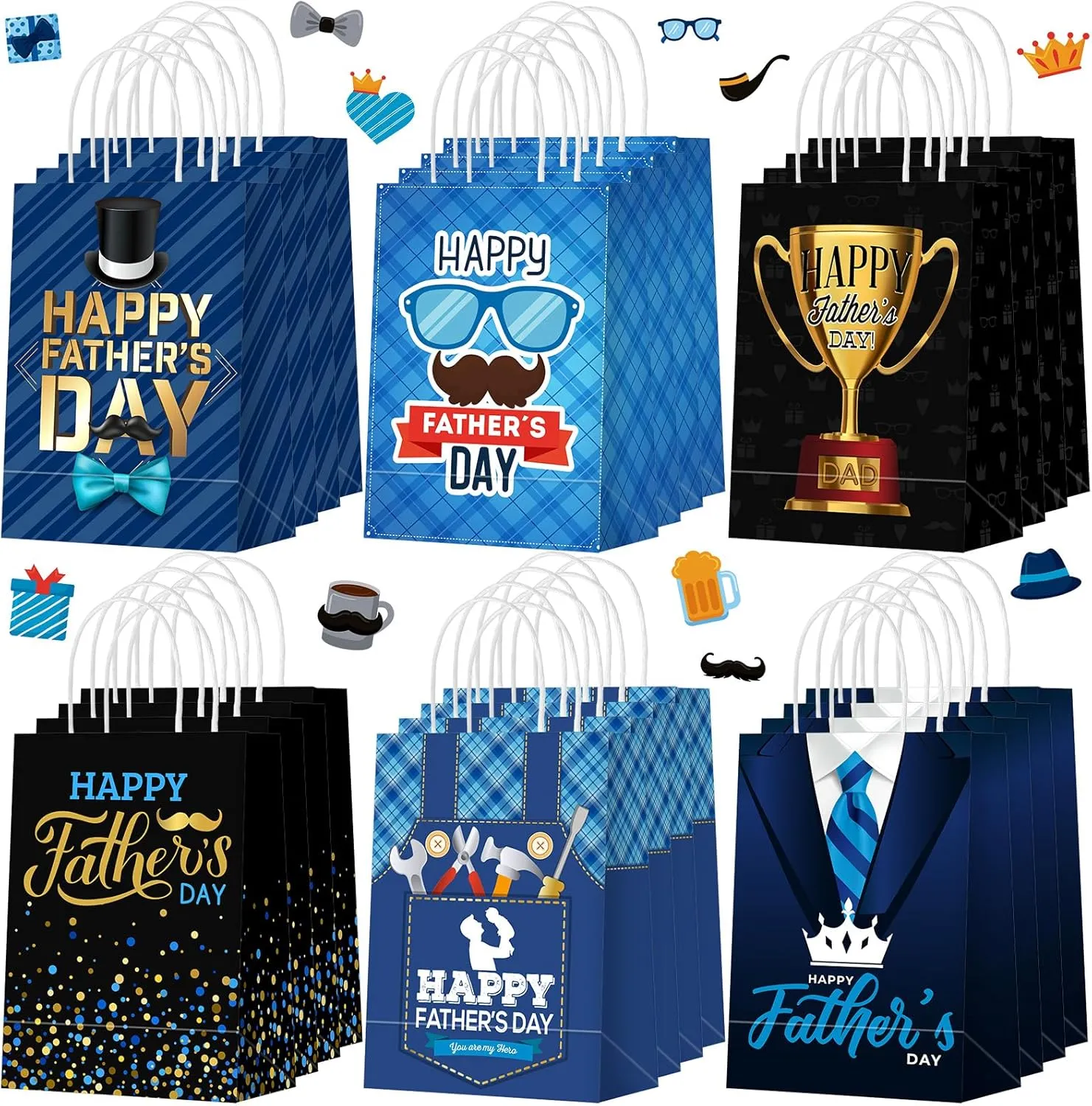 Sinload 24 Pcs Fathers Day Party Gift Bags Happy Father's Day Paper Bags with Handles Dad Treat Goodie Present Boxes Blue Black Party Supplies for Dads Men Anniversary Birthday Decor