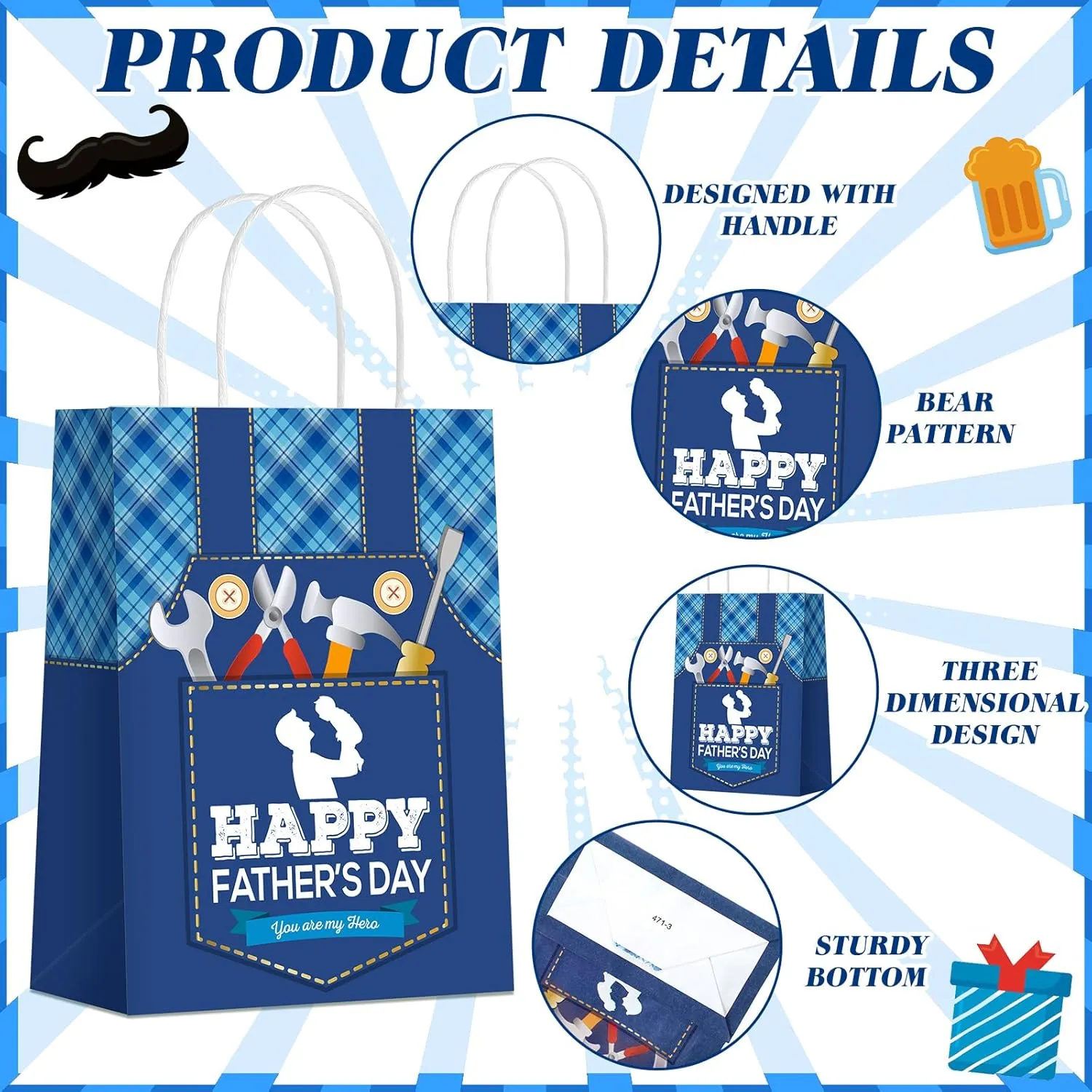 Sinload 24 Pcs Fathers Day Party Gift Bags Happy Father's Day Paper Bags with Handles Dad Treat Goodie Present Boxes Blue Black Party Supplies for Dads Men Anniversary Birthday Decor