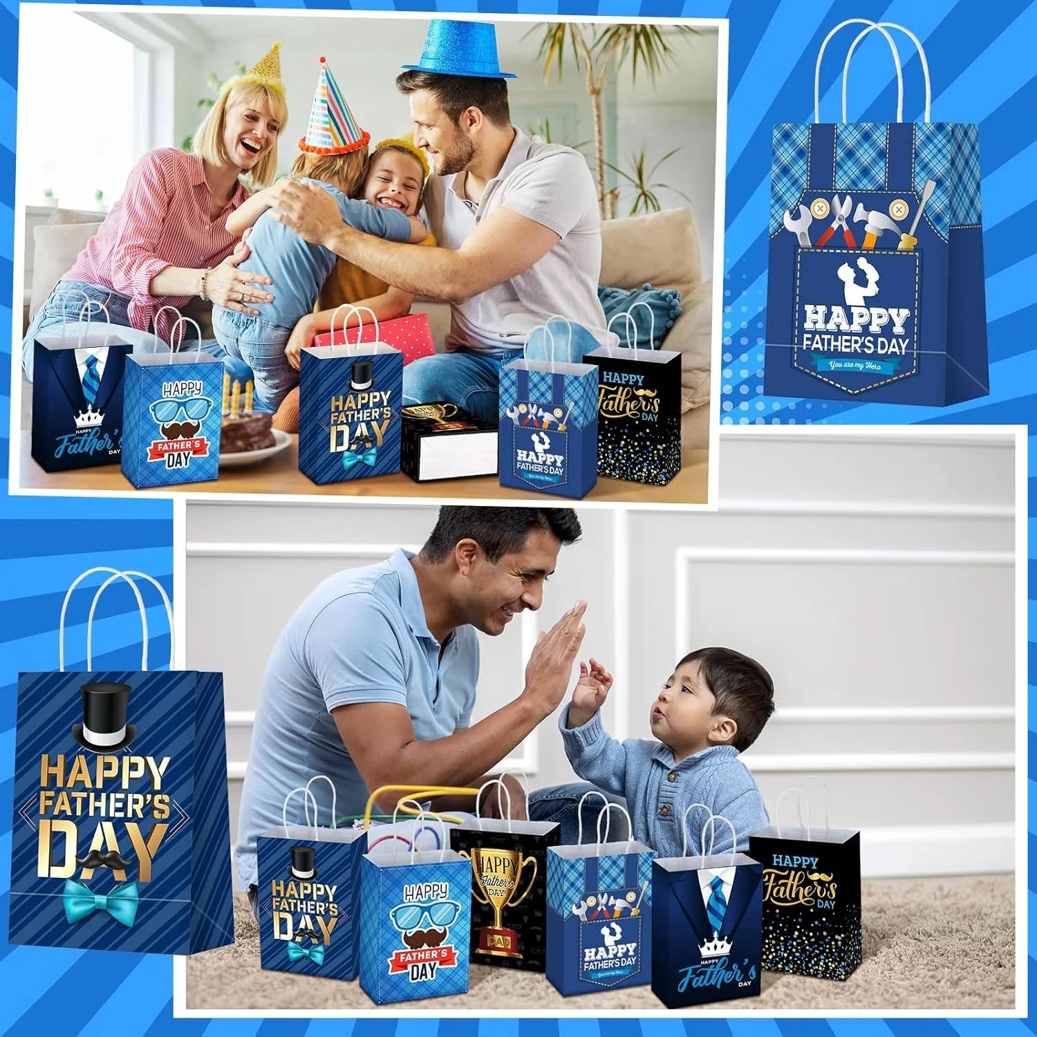 Sinload 24 Pcs Fathers Day Party Gift Bags Happy Father's Day Paper Bags with Handles Dad Treat Goodie Present Boxes Blue Black Party Supplies for Dads Men Anniversary Birthday Decor