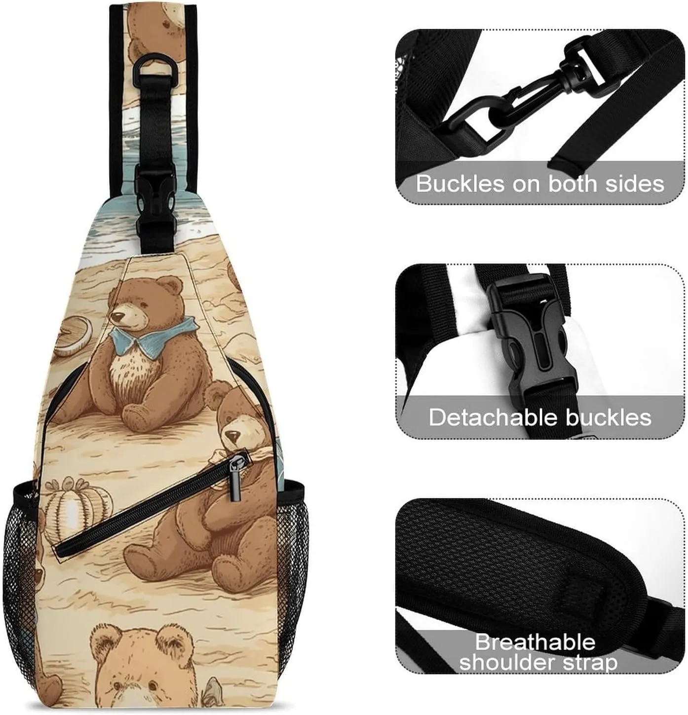Sling Backpack Crossbody for Man Woman Bear on The Beach Cross Body Adjustable Chest Bag