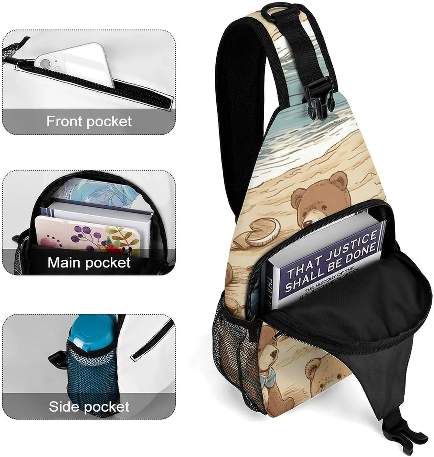 Sling Backpack Crossbody for Man Woman Bear on The Beach Cross Body Adjustable Chest Bag