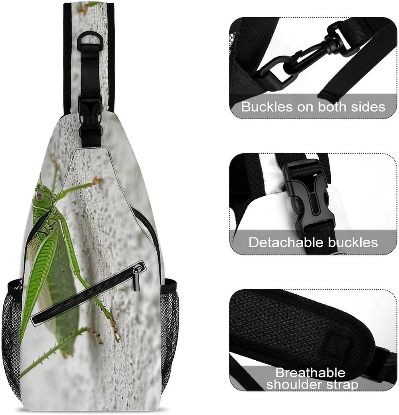Sling Backpack Crossbody for Man Woman Green Grasshopper Image Cross Body Adjustable Chest Bag