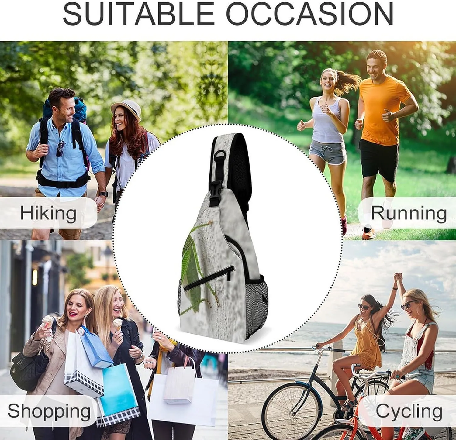 Sling Backpack Crossbody for Man Woman Green Grasshopper Image Cross Body Adjustable Chest Bag