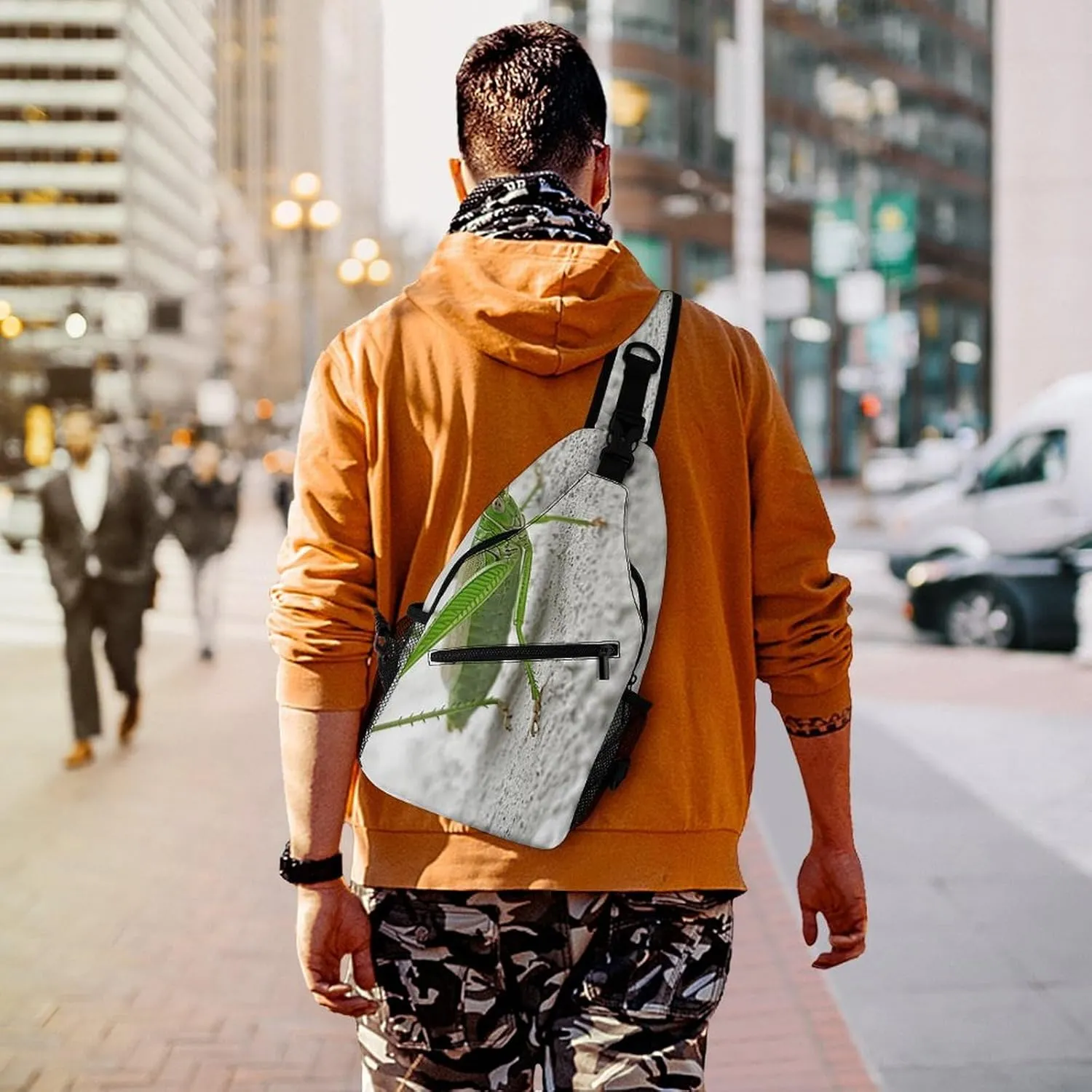 Sling Backpack Crossbody for Man Woman Green Grasshopper Image Cross Body Adjustable Chest Bag