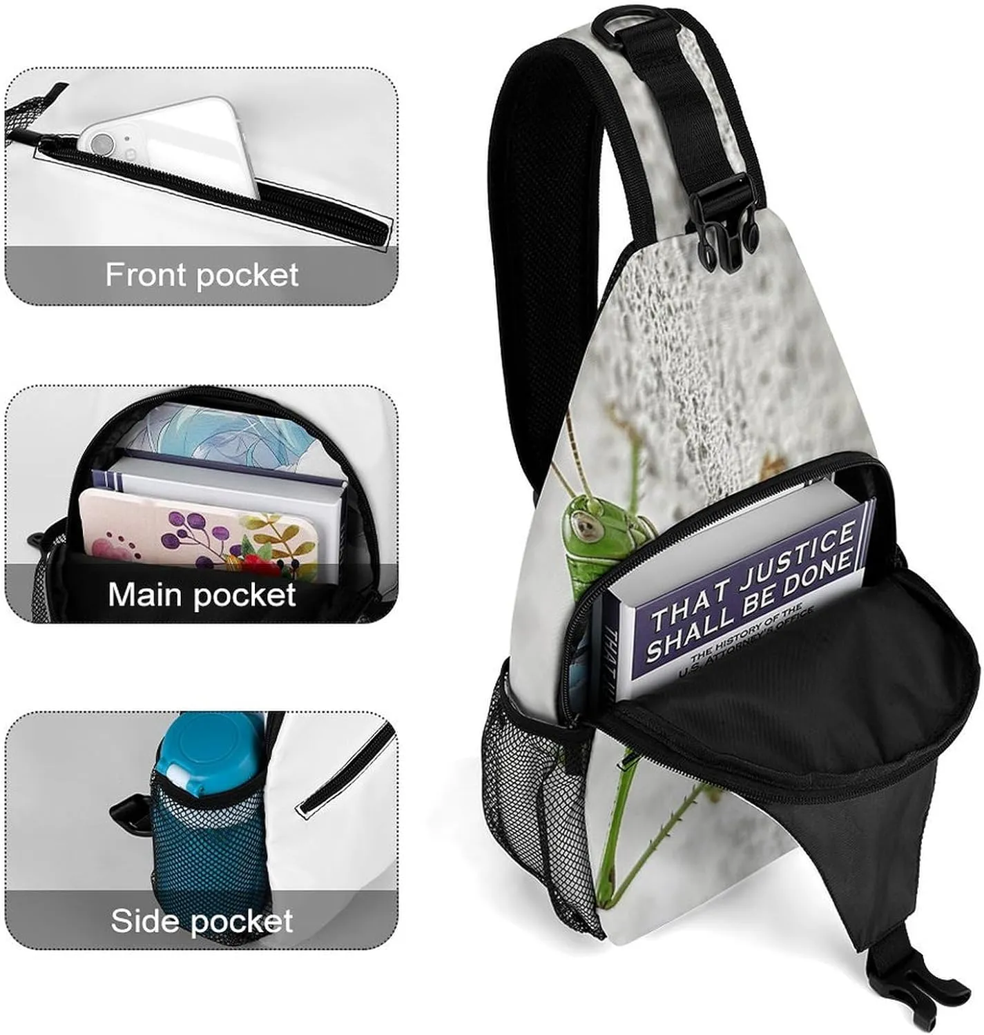 Sling Backpack Crossbody for Man Woman Green Grasshopper Image Cross Body Adjustable Chest Bag