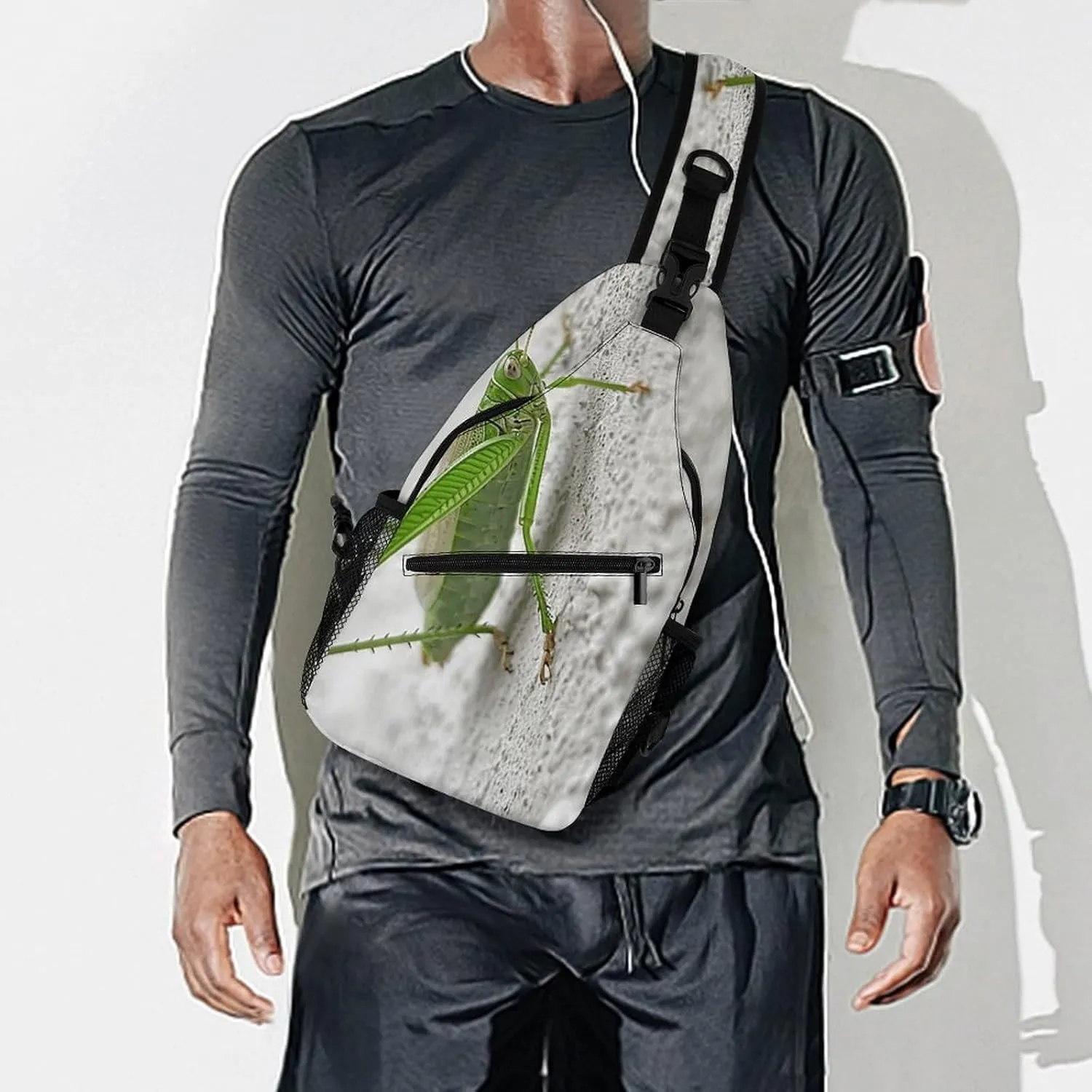 Sling Backpack Crossbody for Man Woman Green Grasshopper Image Cross Body Adjustable Chest Bag
