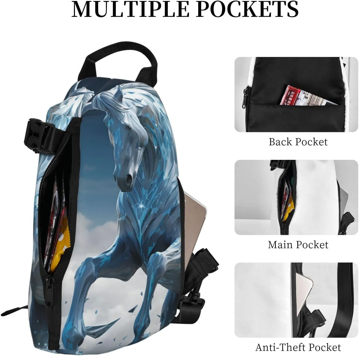 Sling Bag Crossbody Backpack for Men Women Blue Ice Horse Chest Bag Crossbody Bag for Travel Sport Running