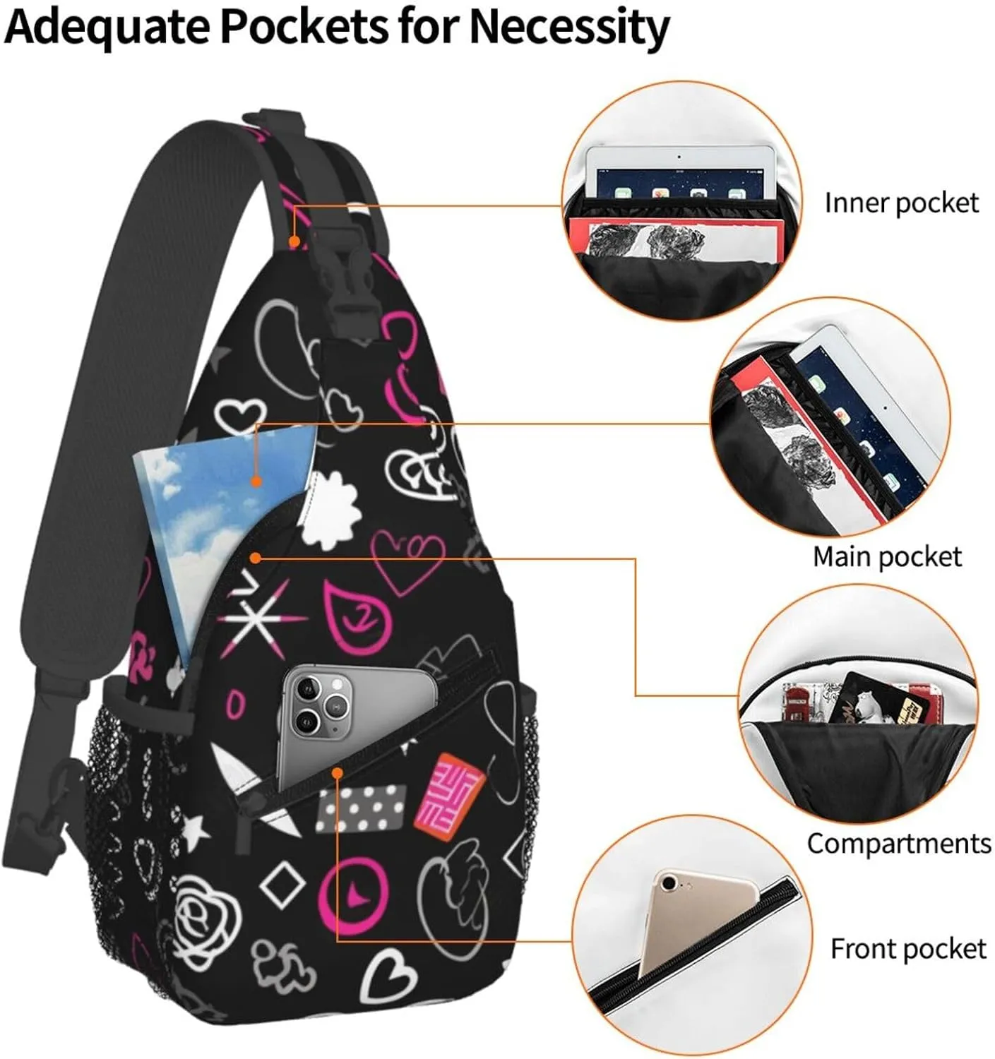 Sling Bag Crossbody Backpack for Men Women Multiple Symbols Chest Bag Crossbody Bag for Travel Sport Running