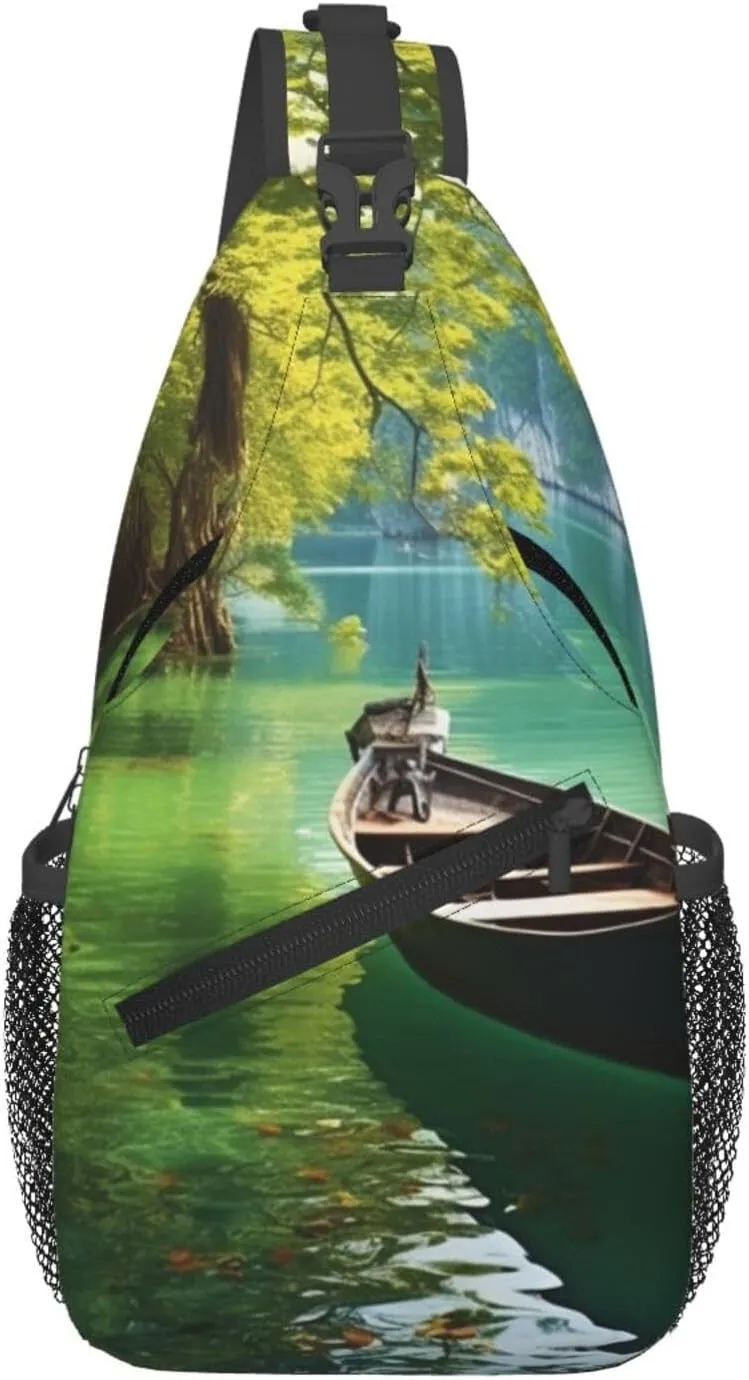 Sling Bag for Men Women Crossbody Backpack Green Lake Boat Crossbody Bag Chest Bag for Travel Sport