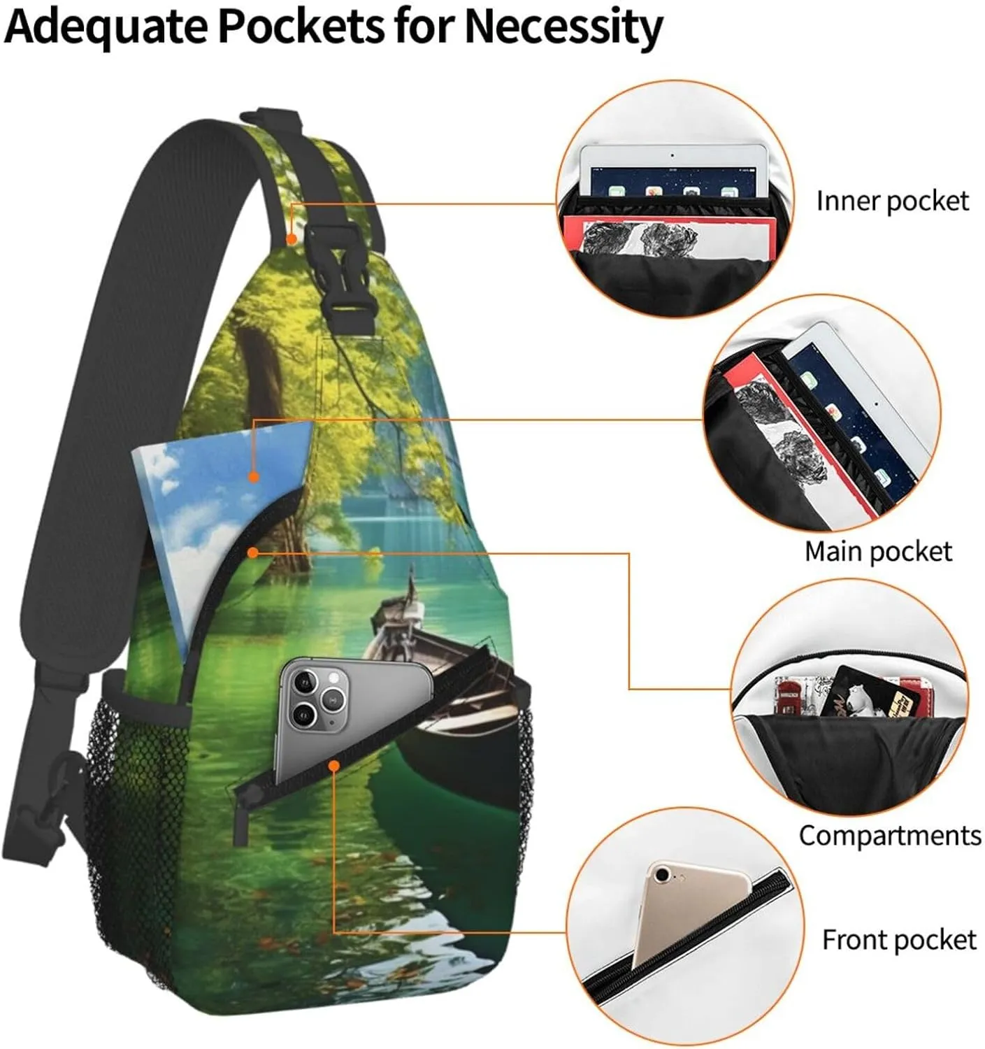 Sling Bag for Men Women Crossbody Backpack Green Lake Boat Crossbody Bag Chest Bag for Travel Sport