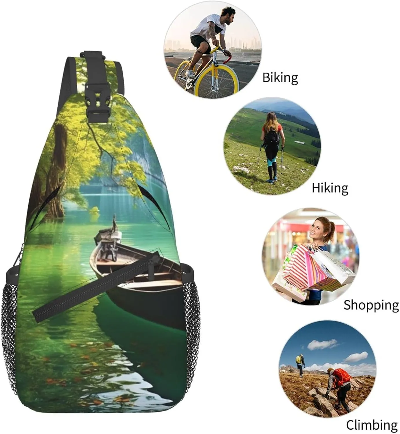 Sling Bag for Men Women Crossbody Backpack Green Lake Boat Crossbody Bag Chest Bag for Travel Sport