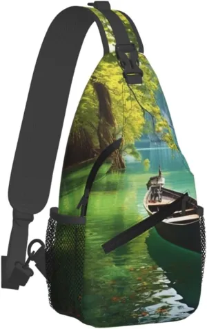 Sling Bag for Men Women Crossbody Backpack Green Lake Boat Crossbody Bag Chest Bag for Travel Sport
